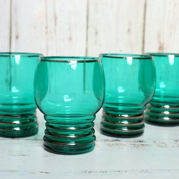 Vintage Art Deco Green Glasses Set Platinum Silver Tumblers Stemless - Picture 1 of 7